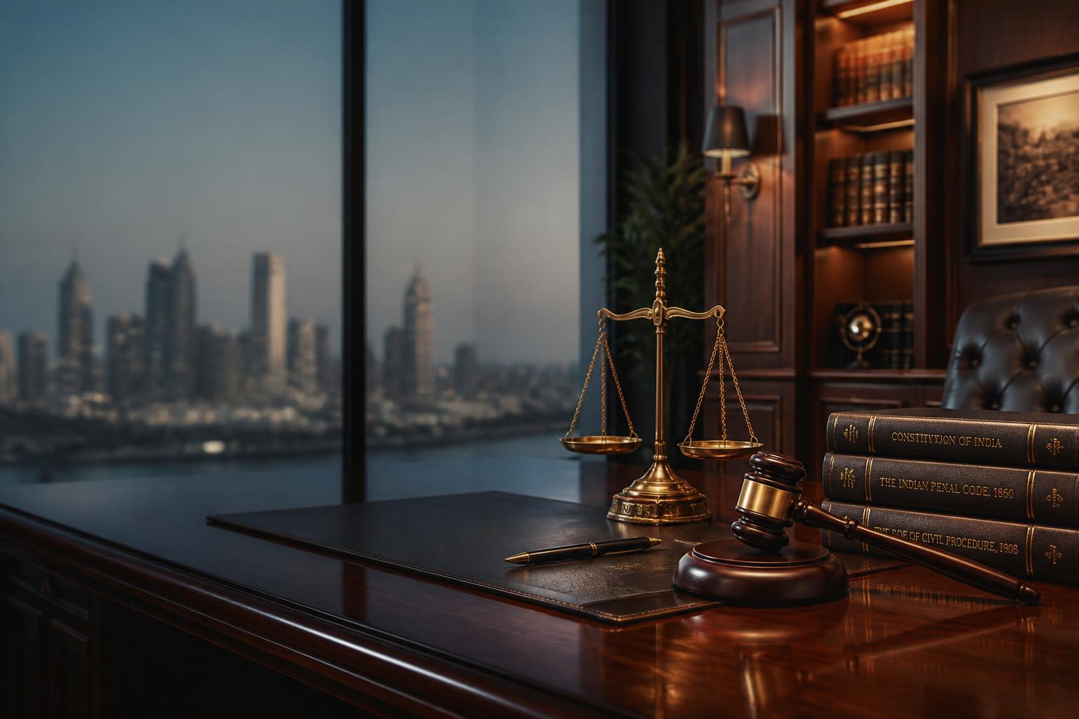 Elegant legal office with scales of justice and Mumbai skyline